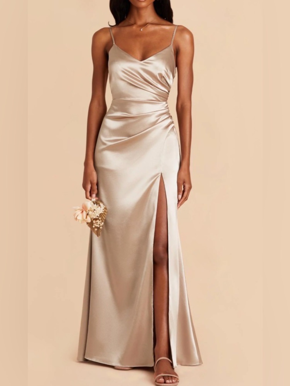 Birds Grey Catherine champagne satin dress new, size large.